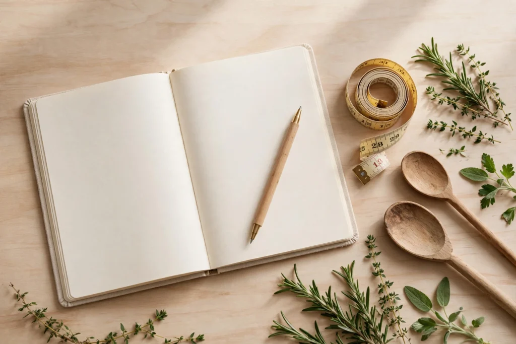 Notebook, pen, measuring tape and wooden spoons for buying guides