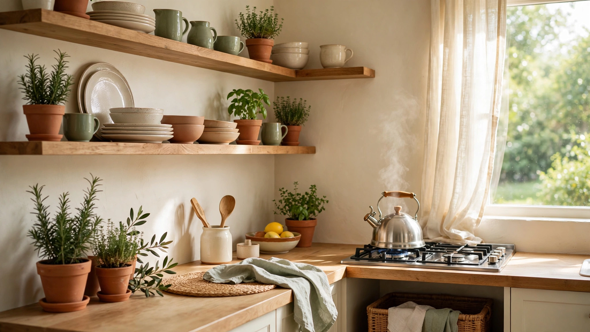 Fresh kitchen scene with cookware by a bright window